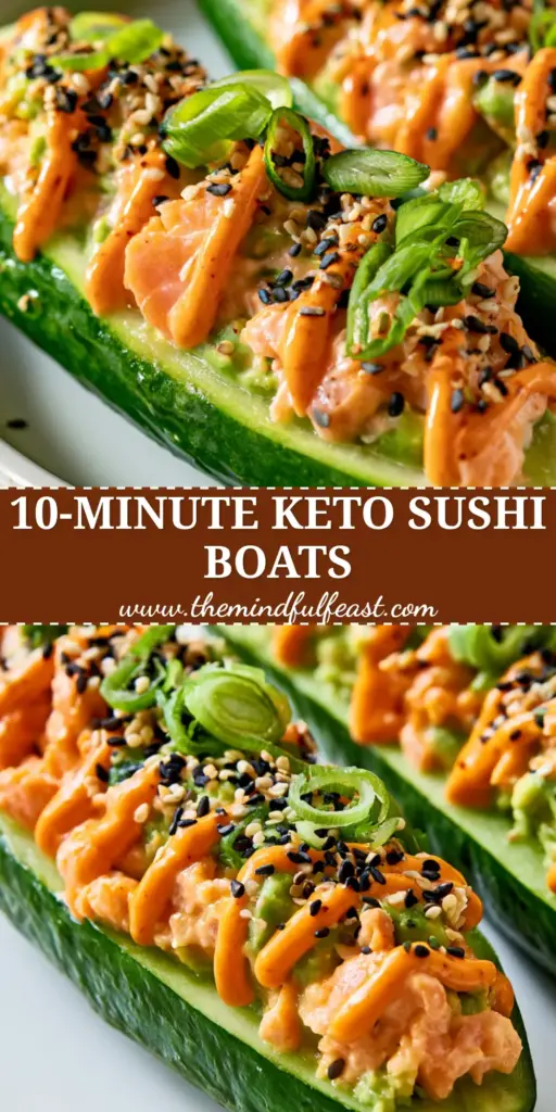 Cucumber Sushi boats with Creamy Spicy Salmon and Avocado 4 A minimalist white ceramic plate holding vibrant green Cucumber Sushi boats filled with spicy salmon and avocado, topped with a sriracha mayo drizzle and sesame seeds.