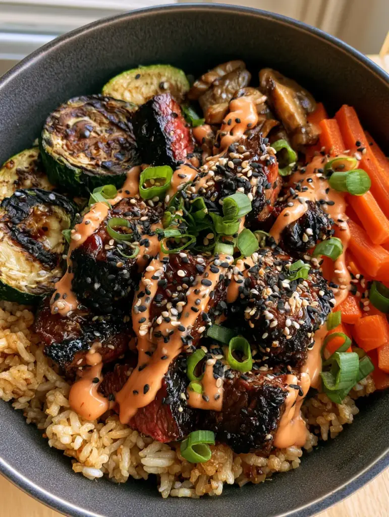 Hibachi steak bowl featuring golden garlic fried rice and charred zucchini half-moons with visible grill marks.