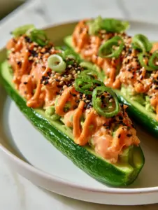 Extreme close-up of Cucumber Sushi boats showing the detailed texture of the spicy salmon, avocado chunks, and the orange sriracha mayo drizzle. (Cucumber Sushi boats)