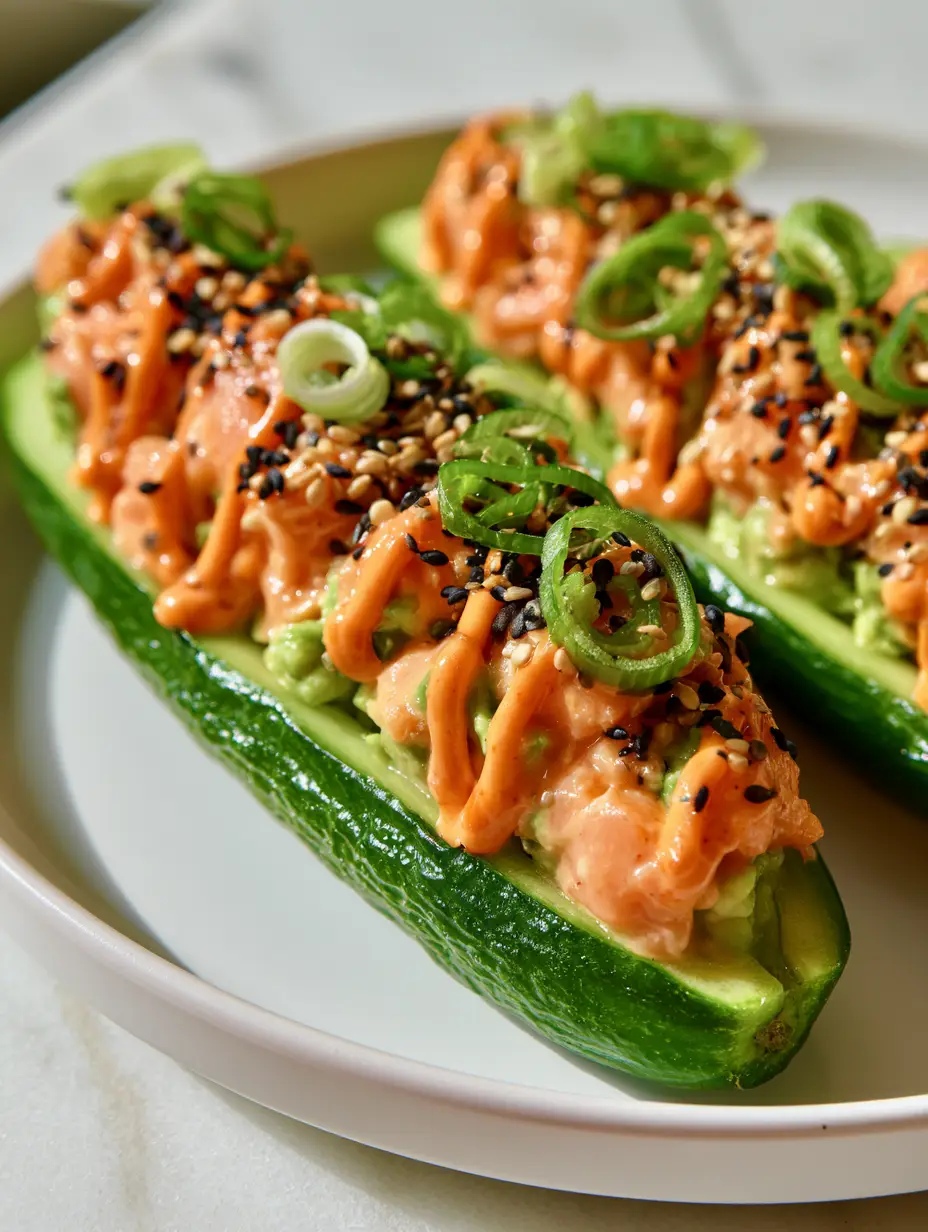 Cucumber Sushi boats with Creamy Spicy Salmon and Avocado 3 Extreme close-up of Cucumber Sushi boats showing the detailed texture of the spicy salmon, avocado chunks, and the orange sriracha mayo drizzle. (Cucumber Sushi boats)