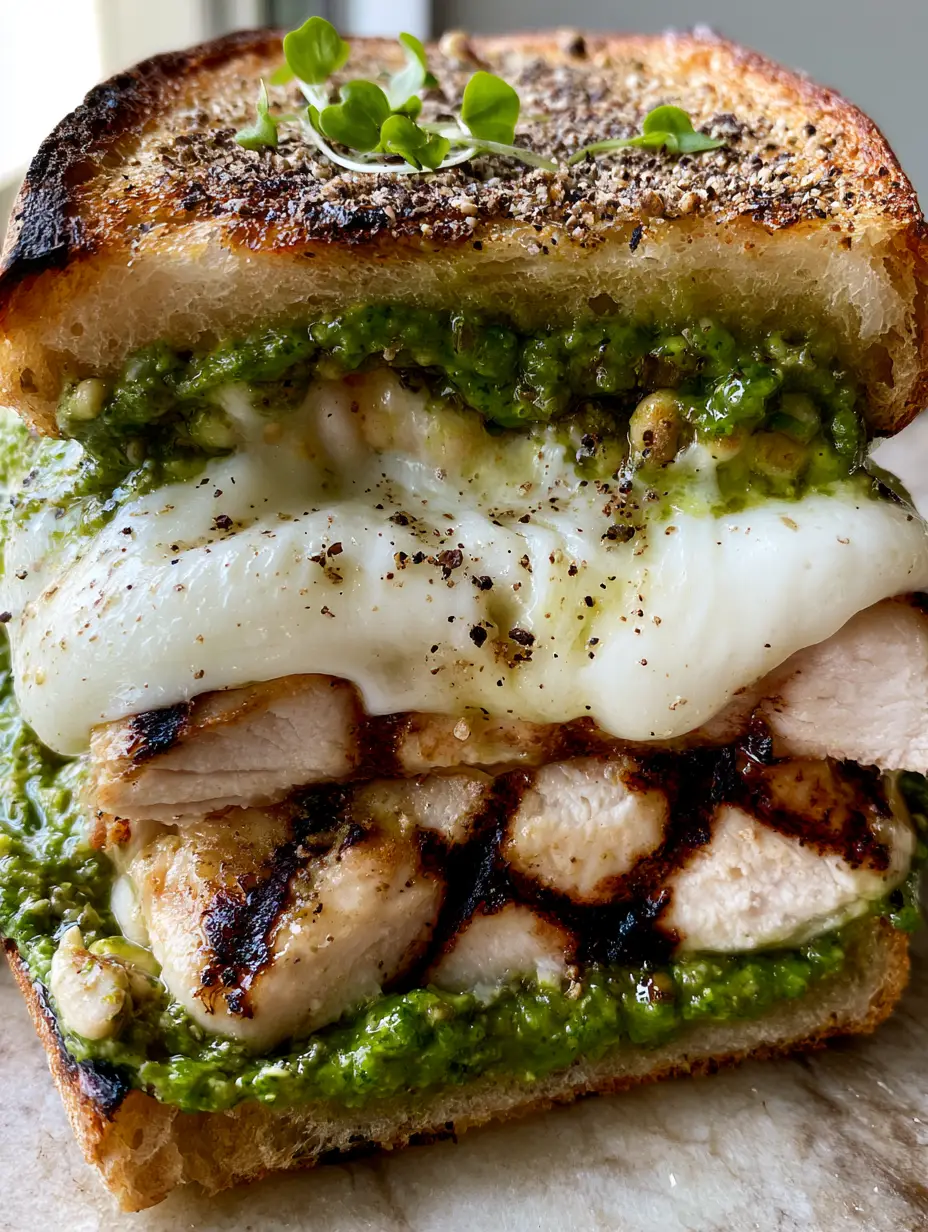 Pesto Grilled Chicken Sandwich: The Ultimate Bistro-Style Ciabatta Guide 3 Macro photo of seared chicken breast with cross-hatch grill marks and vibrant pesto. (Pesto Grilled Chicken Sandwich)