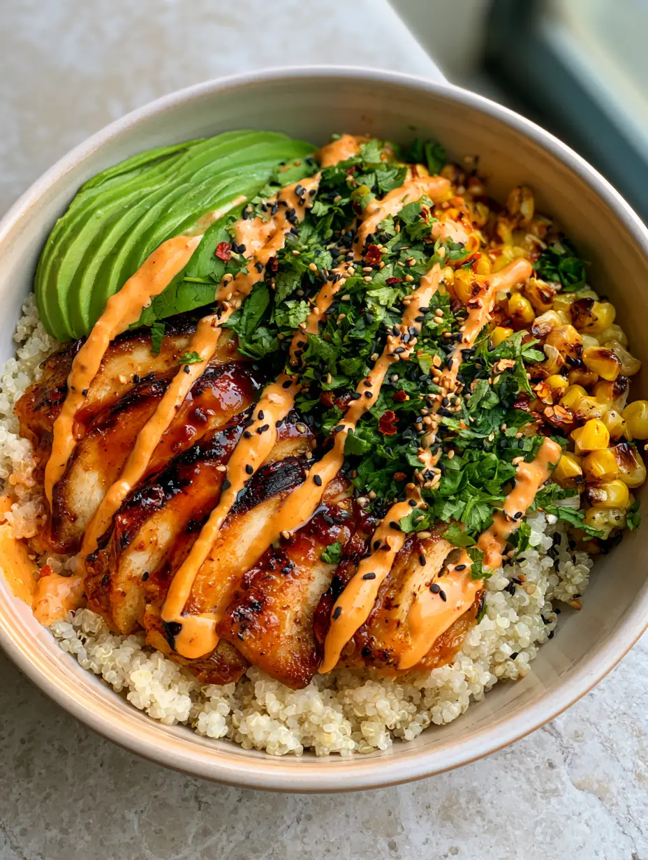 High Protein Dinners: Honey-Garlic Chicken and Quinoa Power Bowls 4 Handheld photo of a vibrant high protein dinner on a light gray stone countertop with glistening chicken and quinoa. (high protein dinners)