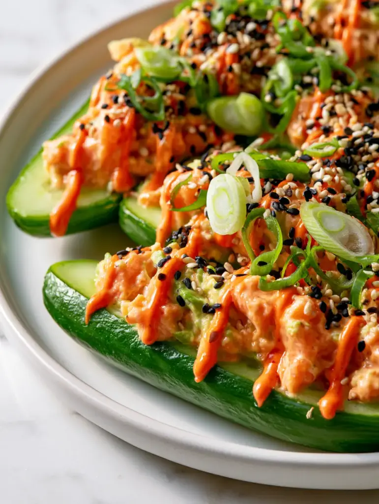 Cucumber Sushi boats with Creamy Spicy Salmon and Avocado 1 Professional smartphone photo of Cucumber Sushi boats on a marble countertop, focusing on the black and white sesame seed garnish and paper-thin scallion rings.