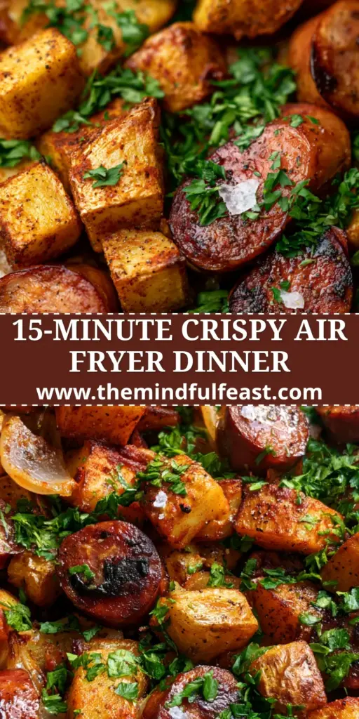 A close-up shot of crispy Air fryer potatoes and sausage in a black basket, garnished with fresh parsley and flaky sea salt.