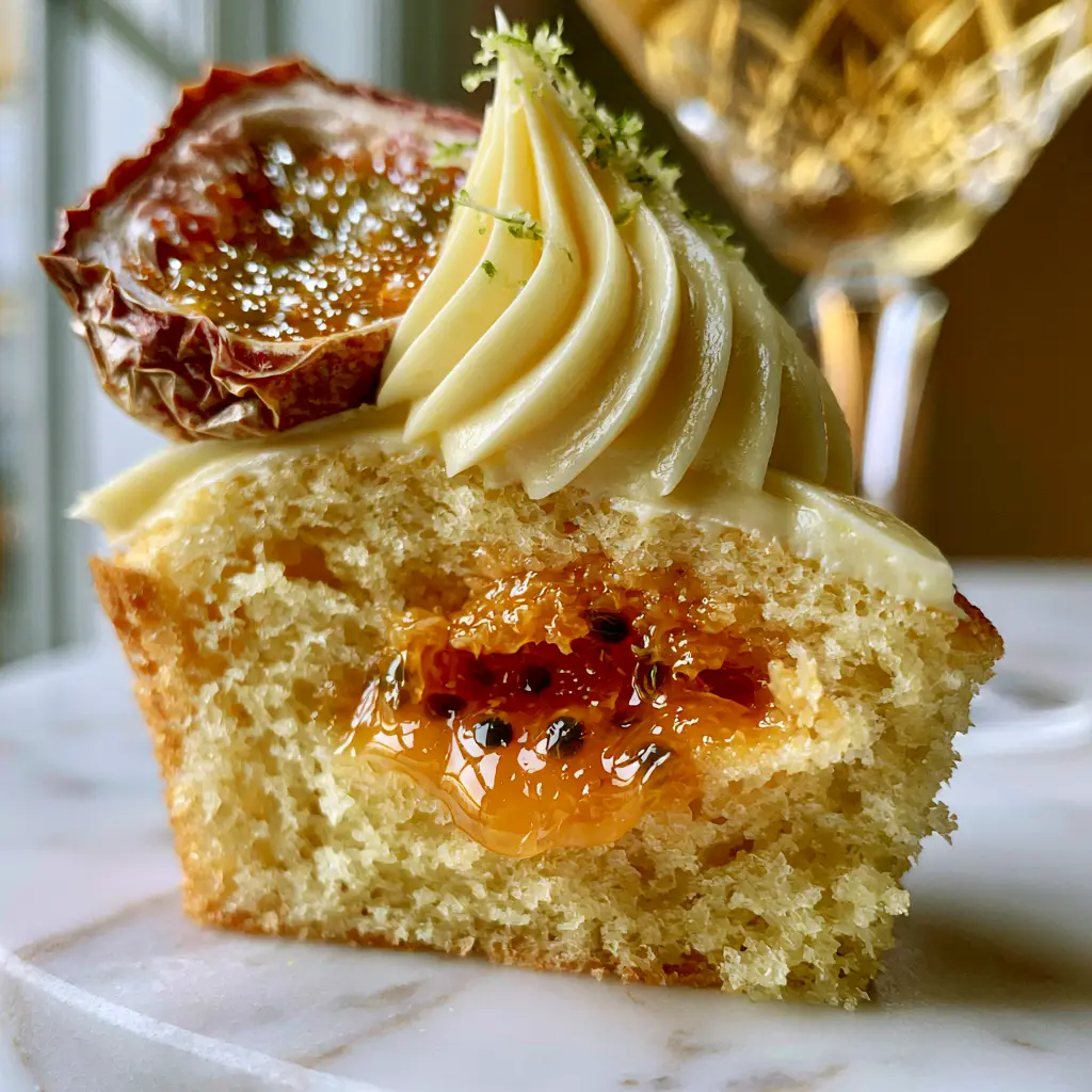 Passion Fruit Martini Cupcakes: A Boozy Tropical Masterpiece 2 A close-up of a halved Passion Fruit Martini Cupcake showing the oozing bright orange curd center with black seeds and a velvety pale yellow buttercream swirl. (Passion Fruit Martini Cupcakes)