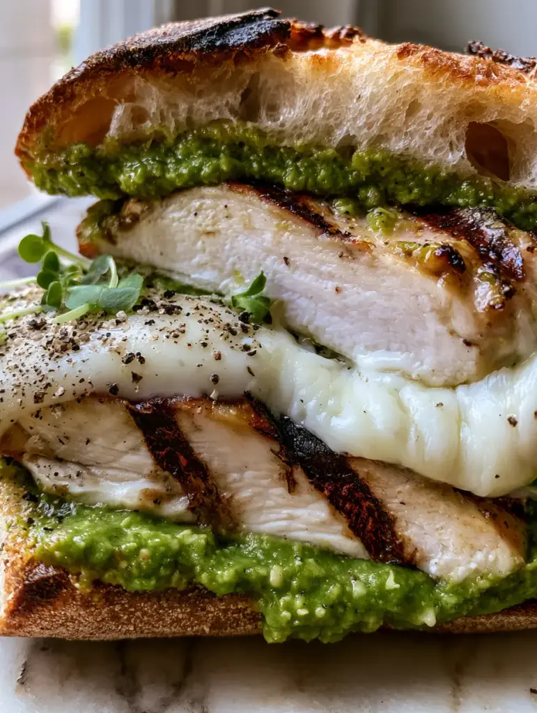 Pesto Grilled Chicken Sandwich: The Ultimate Bistro-Style Ciabatta Guide 1 A sliced ciabatta sandwich featuring melted mozzarella, green pesto, and pine nut fragments.