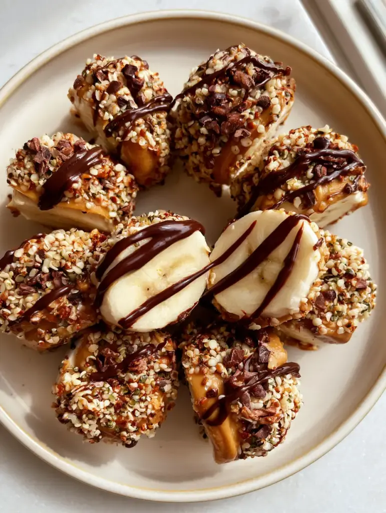 Banana Sushi with Golden Almond Butter and Dark Chocolate Drizzle 2 Top-down view of eight perfectly sliced Banana Sushi rounds arranged in a circle on an off-white ceramic plate.