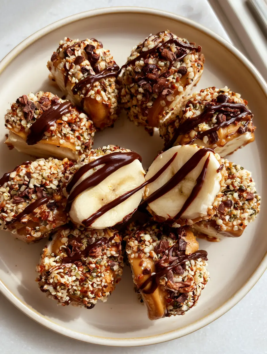 Banana Sushi with Golden Almond Butter and Dark Chocolate Drizzle 3 Top-down view of eight perfectly sliced Banana Sushi rounds arranged in a circle on an off-white ceramic plate.