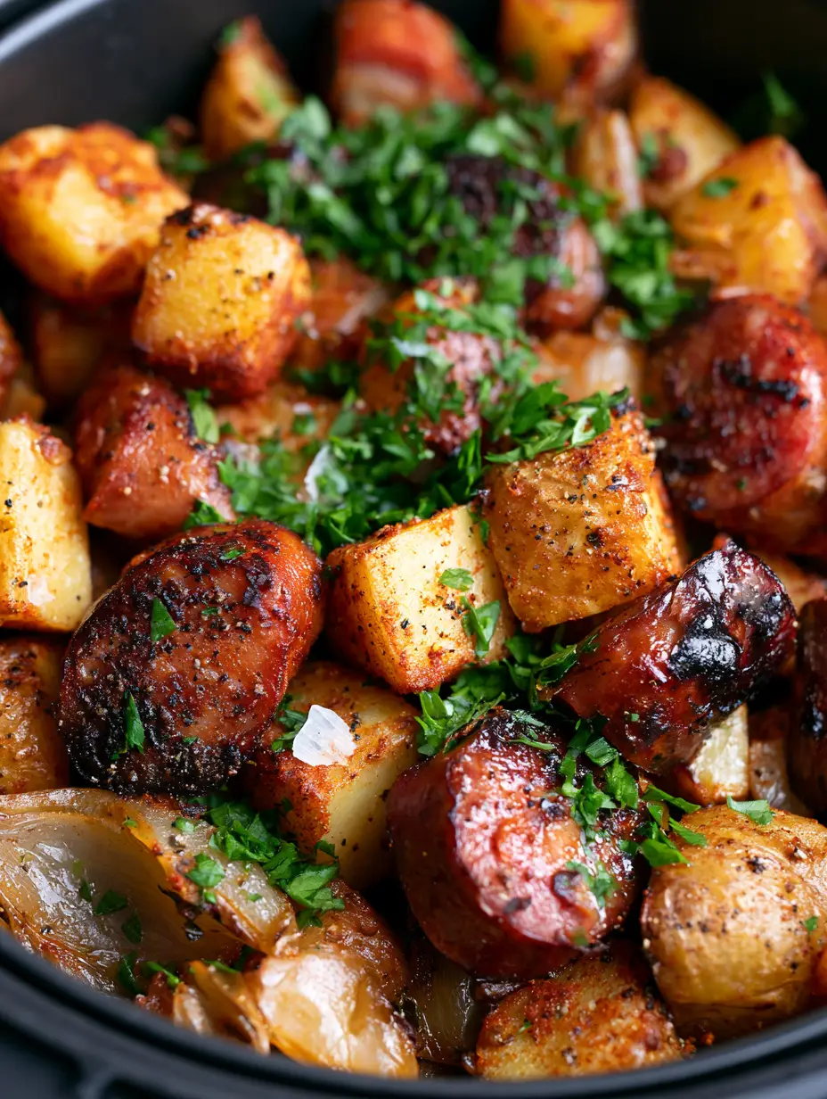 Golden brown Yukon Gold potatoes and seared kielbasa slices with charred onions in an air fryer basket. (Air fryer potatoes and sausage)