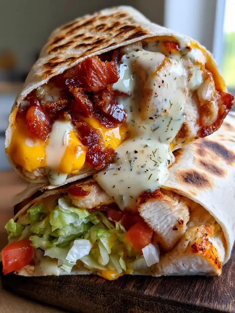 Cheesy Bacon Ranch Wraps: The Ultimate Guide to the Perfect Crispy Toasted Crunch 1 High-resolution texture of a toasted flour tortilla with char marks filled with chicken and bacon. (Cheesy Bacon Ranch Wraps)