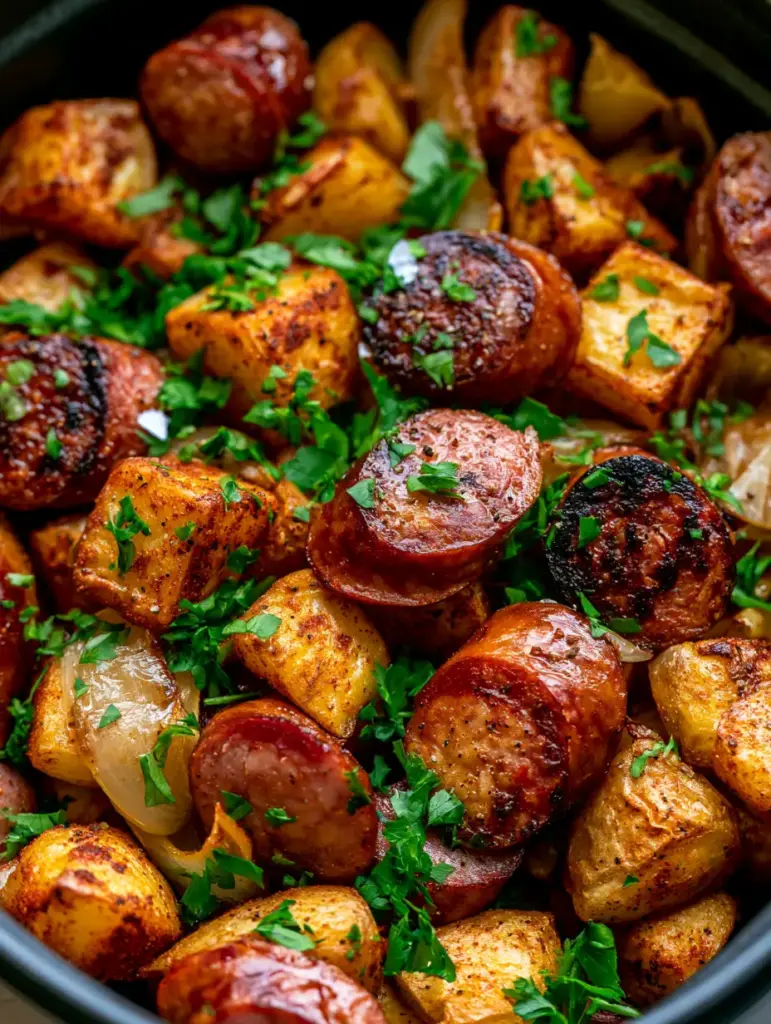Slices of smoked kielbasa with dark caramelized sear marks and glistening juices mixed with potatoes and parsley.