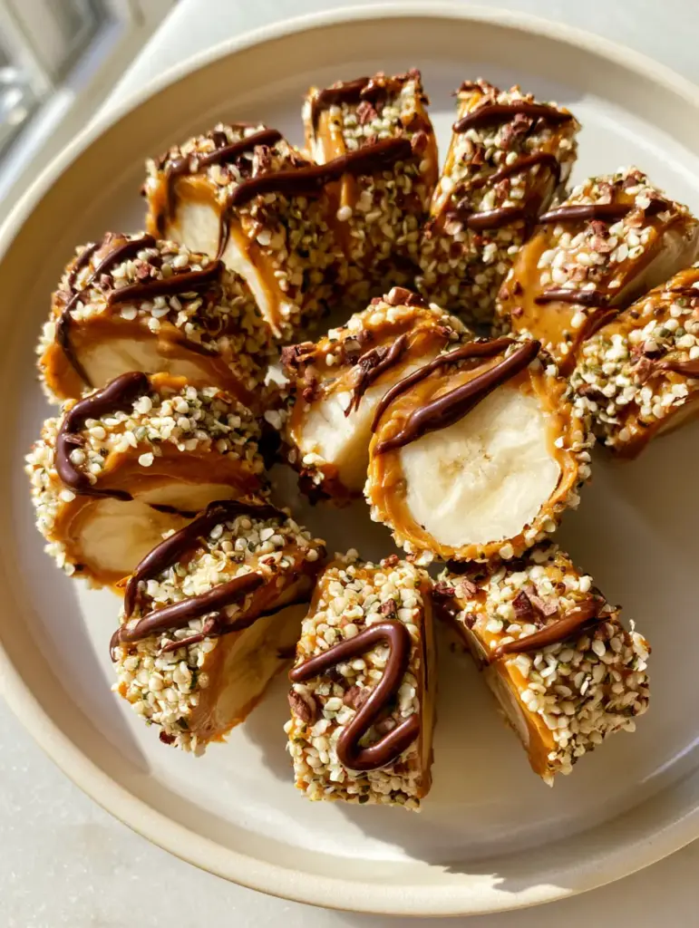 Banana Sushi with Golden Almond Butter and Dark Chocolate Drizzle 1 Close-up of Banana Sushi showing the textured crust of seeds and cacao nibs and the moist white fruit interior.