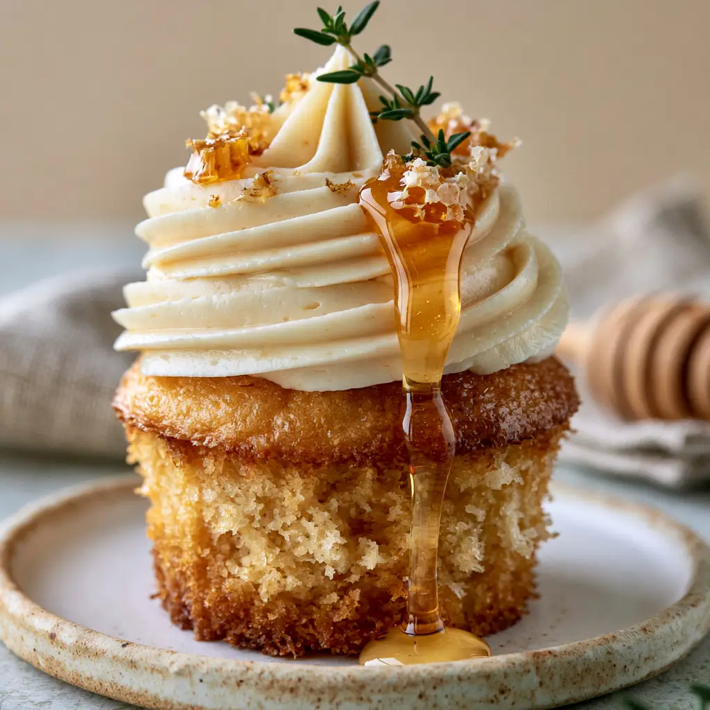 A close-up of honey cupcakes showing the organic honeycomb garnish and fresh thyme sprig peak on a neutral background. (honey cupcakes)