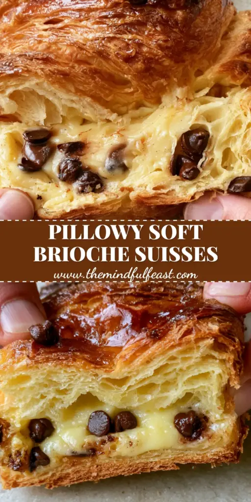 Authentic Brioche Suisses Recipe: The Ultimate Buttery French Pastry 4 A close-up vertical shot of golden-brown Brioche Suisses pastries with a glossy sugar glaze and chocolate chips. (Brioche Suisses recipe)