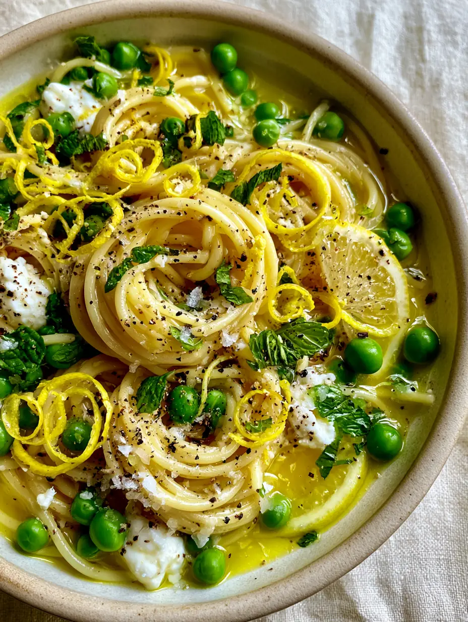 Spring Pea and Lemon Pasta with Creamy Ricotta and Fresh Mint 3 Close up of glossy spaghetti coated in electric yellow lemon sauce with peas and mint chiffonade. (spring pea and lemon pasta)