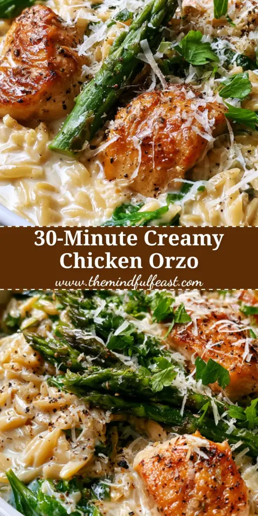 High Protein Chicken Orzo: The Creamy Lemon-Garlic One-Skillet Meal 4 A close-up vertical shot of High Protein Chicken Orzo in a white skillet, garnished with parmesan and a charred lemon wheel.