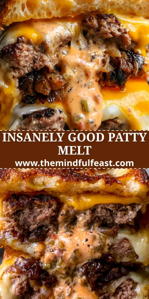 A gourmet stack of sliced patty melts with dripping cheese, caramelized onions, and secret sauce. (patty melts)