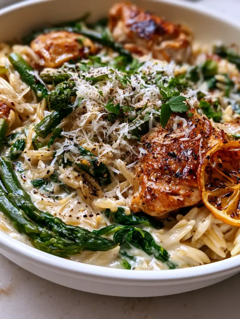 High Protein Chicken Orzo: The Creamy Lemon-Garlic One-Skillet Meal 2 Extreme close-up of glistening High Protein Chicken Orzo with golden chicken chunks and vibrant green asparagus.