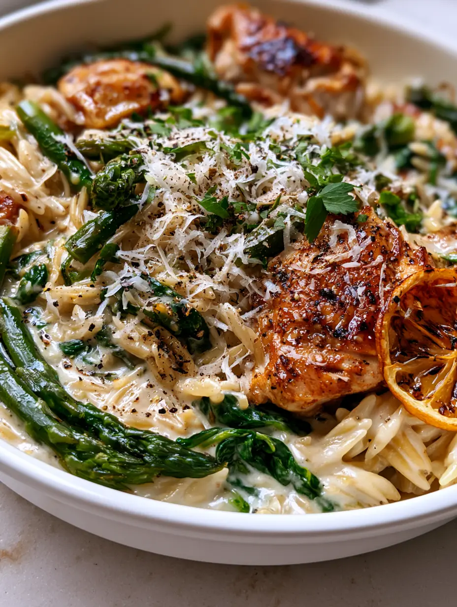 High Protein Chicken Orzo: The Creamy Lemon-Garlic One-Skillet Meal 3 Extreme close-up of glistening High Protein Chicken Orzo with golden chicken chunks and vibrant green asparagus.
