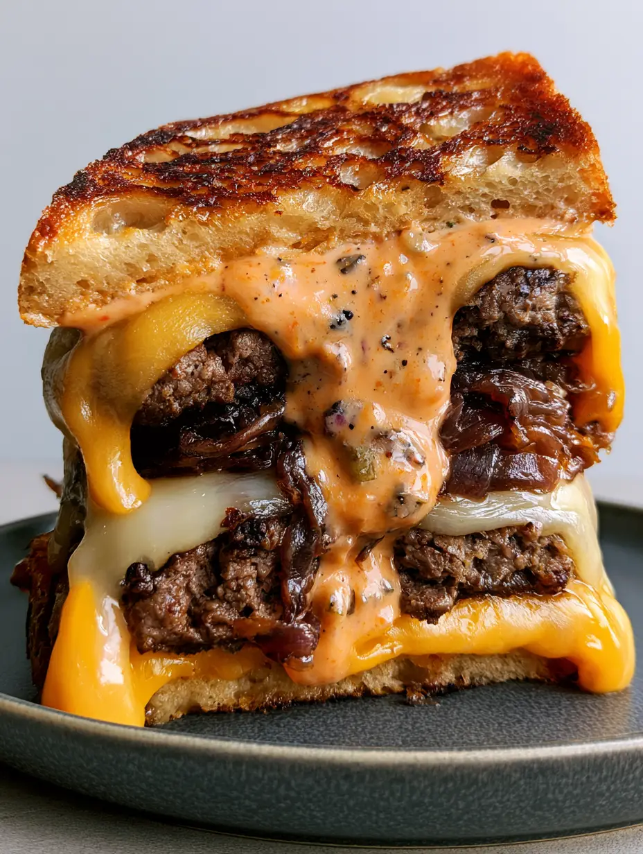 Extreme close-up of a patty melt showing molten rivers of cheddar and swiss cheese. (patty melts)