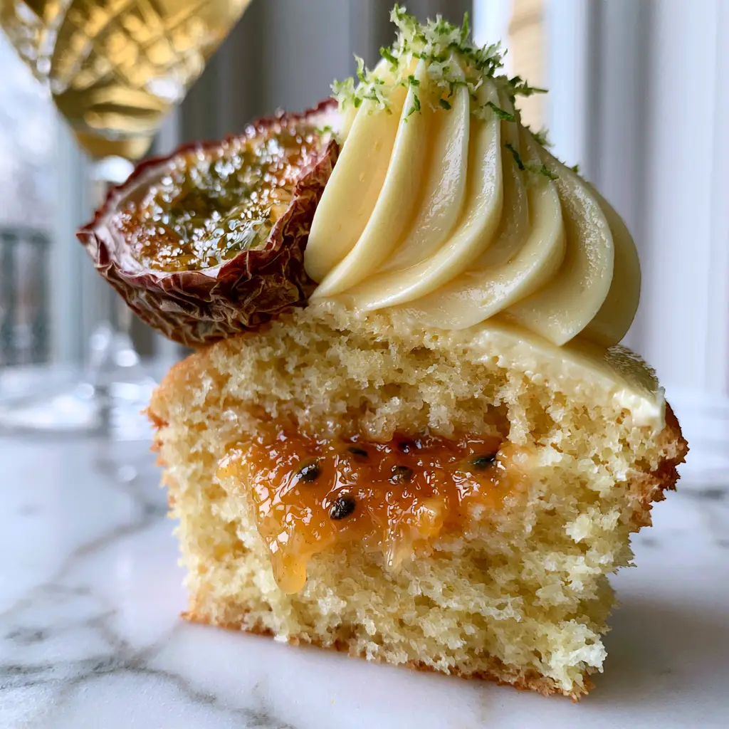 Passion Fruit Martini Cupcakes: A Boozy Tropical Masterpiece 1 Handheld photo of a Passion Fruit Martini Cupcake with glistening passion fruit seeds and delicate lime zest shavings. (Passion Fruit Martini Cupcakes)