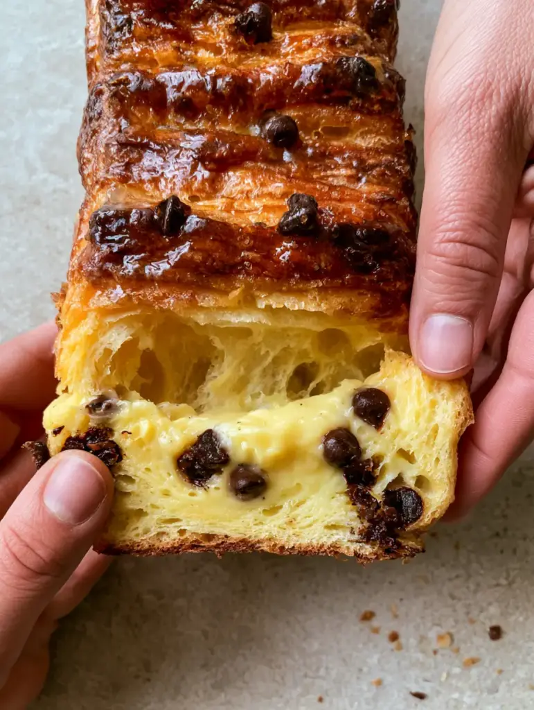 Authentic Brioche Suisses Recipe: The Ultimate Buttery French Pastry 1 A handheld photo showing the thick vanilla bean custard and dark chocolate chips inside a rectangular brioche.