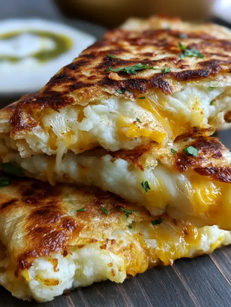 Potato Quesadillas with Crispy Golden Crust and Fluffy Filling 1 Slices of Potato Quesadillas stacked on a wooden table with cilantro and red chili flake garnishes.
