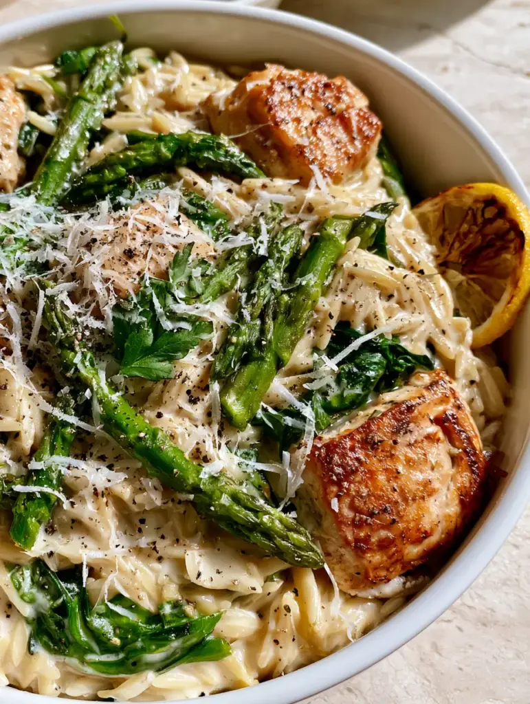 High Protein Chicken Orzo: The Creamy Lemon-Garlic One-Skillet Meal 1 Smartphone photo of creamy High Protein Chicken Orzo showing the micro-planed parmesan and cracked black pepper garnish.
