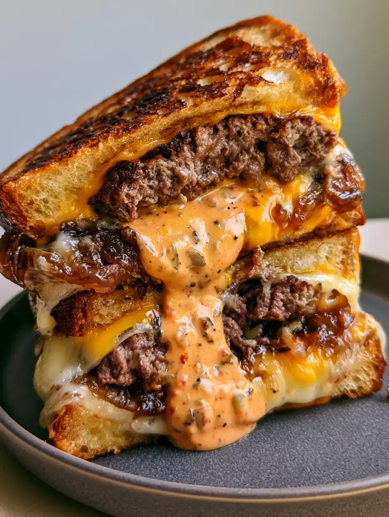 A diagonal stack of patty melts featuring mahogany onions and salmon-colored secret sauce. (patty melts)