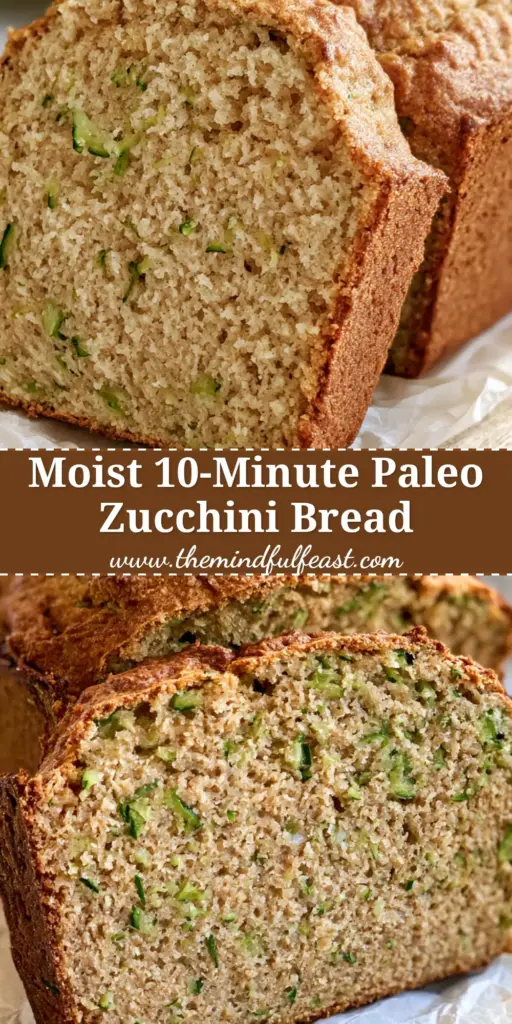 Paleo Zucchini Bread with a Moist Almond Flour Crumb 3 A thick slice of Paleo zucchini bread with a golden-brown domed crust leaning against a rustic loaf on white parchment paper.