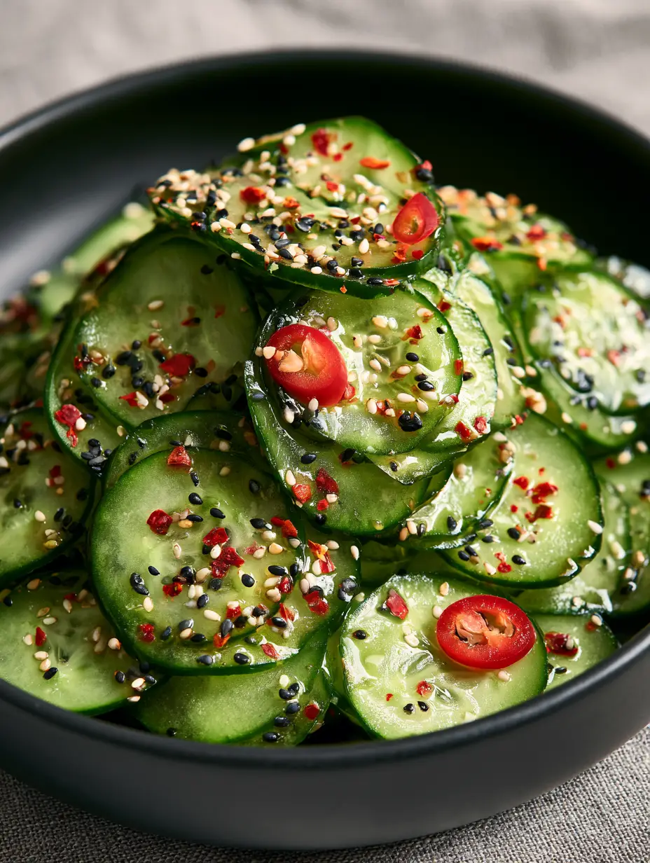 Japanese Cucumber Salad: The Ultimate Recipe for Crispy, Glossy Sunomono 3 Macro shot of translucent emerald green cucumber rounds stacked in a voluminous pile with a glossy glaze and vibrant red chili flakes.