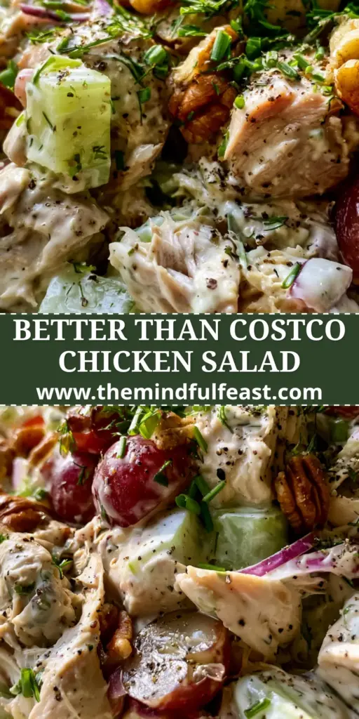 Creamy Chicken Salad with Greek Yogurt, Grapes, and Toasted Pecans 4 A rustic white bowl filled with creamy chicken salad featuring red grapes, toasted pecans, and a heavy garnish of fresh dill and cracked black pepper.