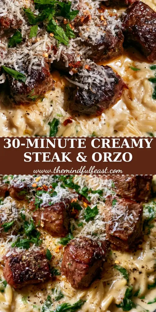 Steak with Creamy Spinach Orzo: The Ultimate One-Pan Cast Iron Dinner 3 A top-down shot of steak with creamy spinach orzo in a black cast iron skillet with garlic butter and parmesan.