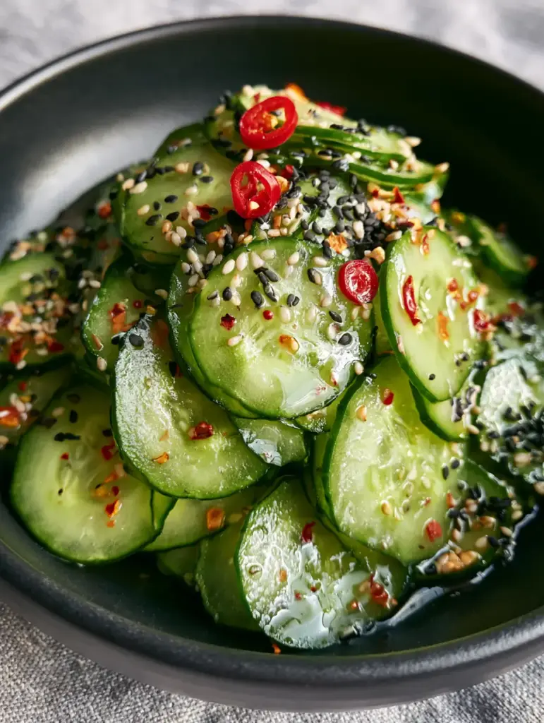 Japanese Cucumber Salad: The Ultimate Recipe for Crispy, Glossy Sunomono 1 Eye-level close-up of Japanese Cucumber Salad showing the clean bowl with no pooling water and a heavy dusting of toasted sesame seeds.