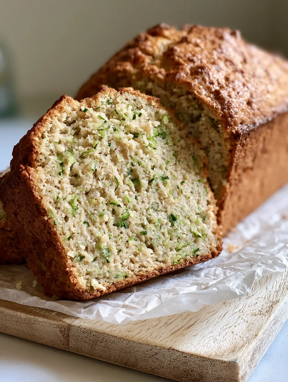 Paleo Zucchini Bread with a Moist Almond Flour Crumb 4 Close-up of Paleo zucchini bread showing the fine grain of almond flour and bright green zucchini flecks.