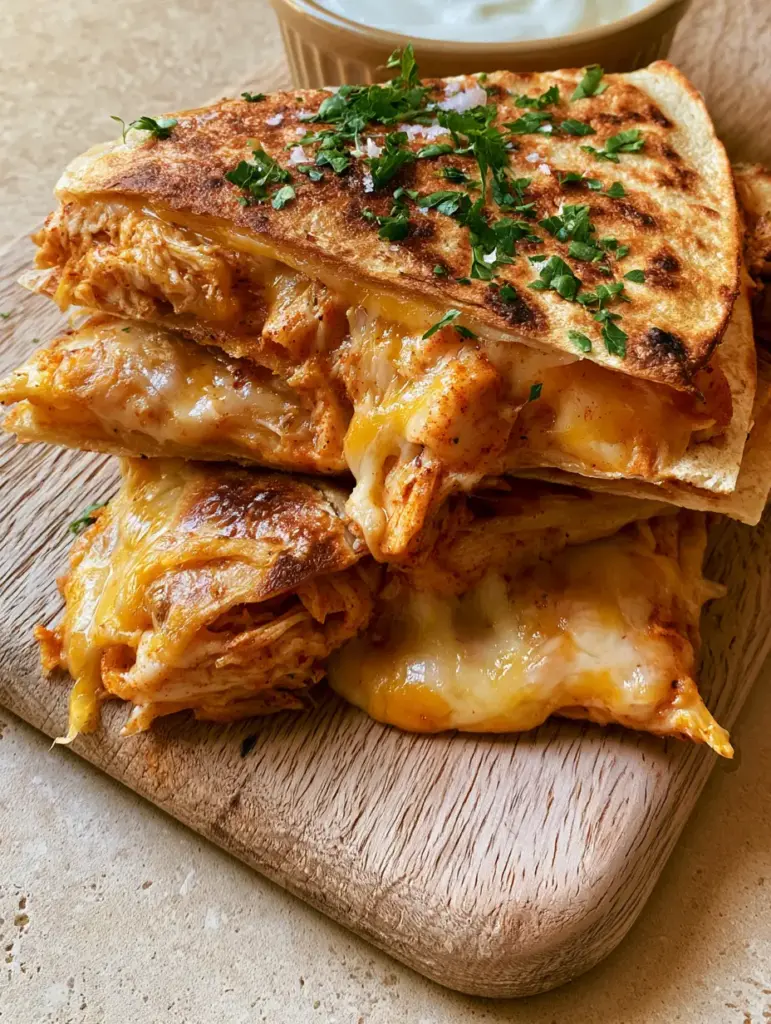 Chicken Quesadilla Recipes: The Ultimate Crispy Sheet Pan Method 1 Triangular chicken quesadilla slices stacked on a light wood board with a side of white Greek yogurt crema.