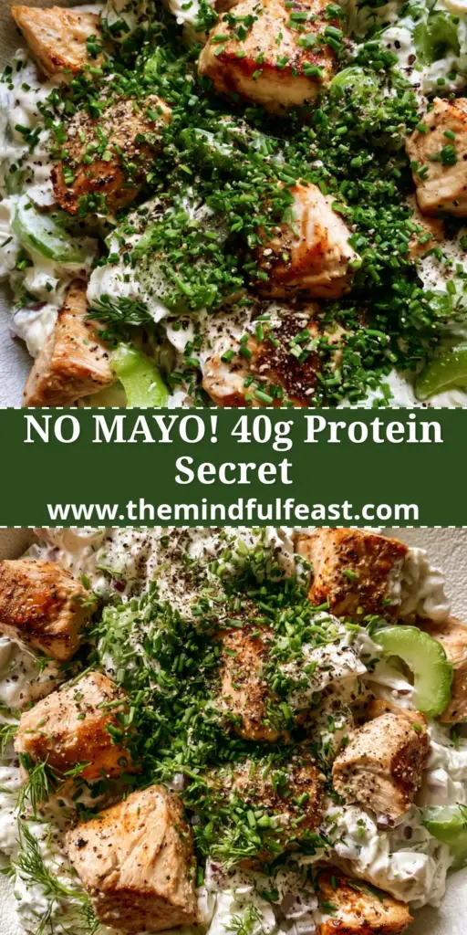 High Protein Chicken Salad with Whipped Cottage Cheese Dressing 4 A luxurious high protein chicken salad in a white bowl with whipped cottage cheese, seared chicken, and fresh dill. (high protein chicken salad)