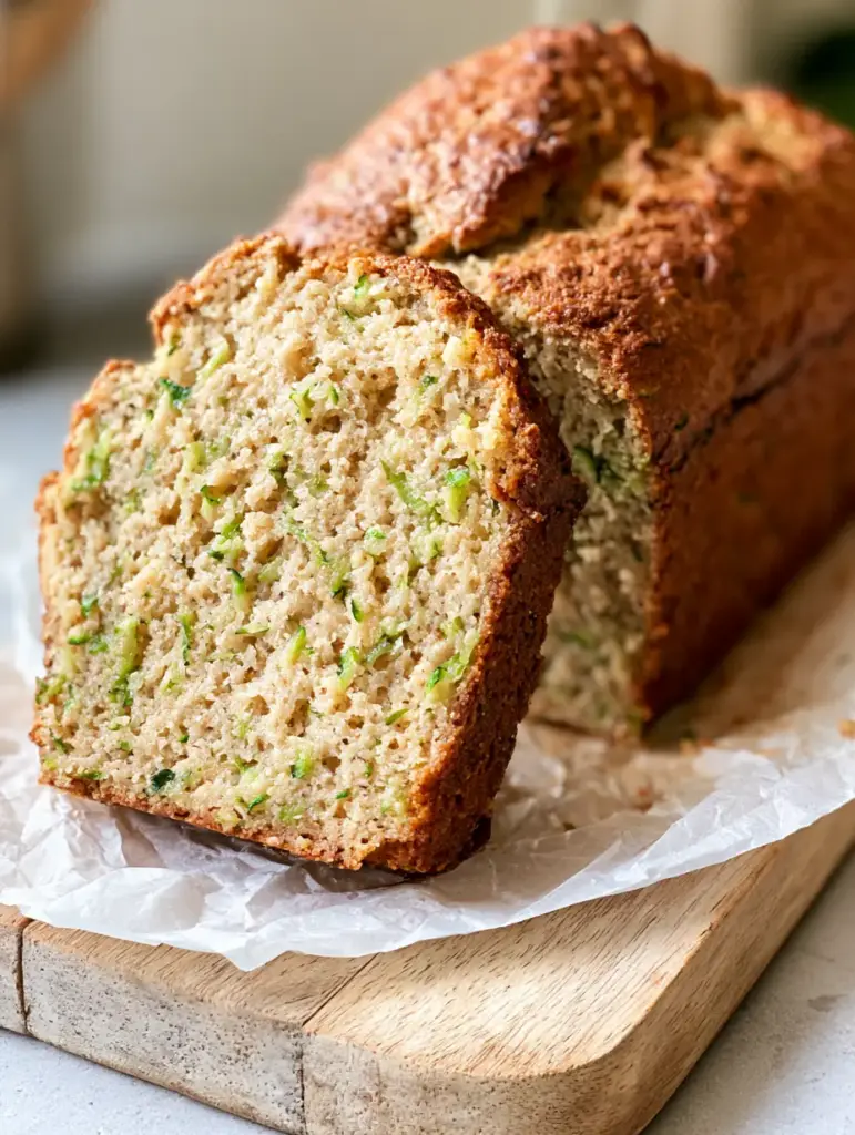 Paleo Zucchini Bread with a Moist Almond Flour Crumb 1 A handheld smartphone photo of a generous slice of moist Paleo zucchini bread on a rustic wood board.