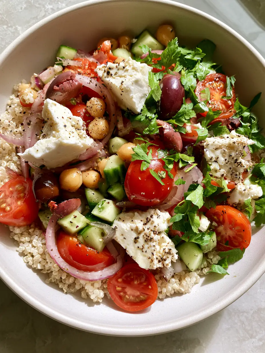 Close-up detail of Greek Quinoa Salad showing the texture of white quinoa pearls, jewel-toned cucumbers, and translucent red onions.