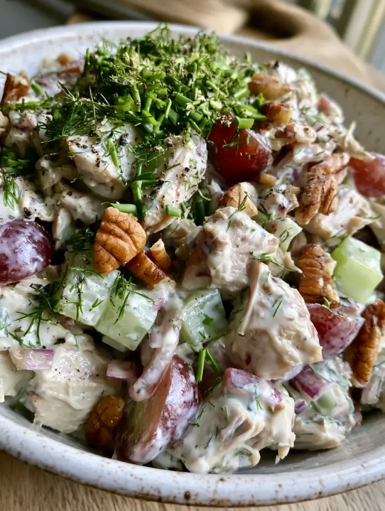 Creamy Chicken Salad with Greek Yogurt, Grapes, and Toasted Pecans 1 Side view of creamy chicken salad in a rustic white ceramic bowl with soft natural lighting highlighting fresh herbs and toasted pecans.