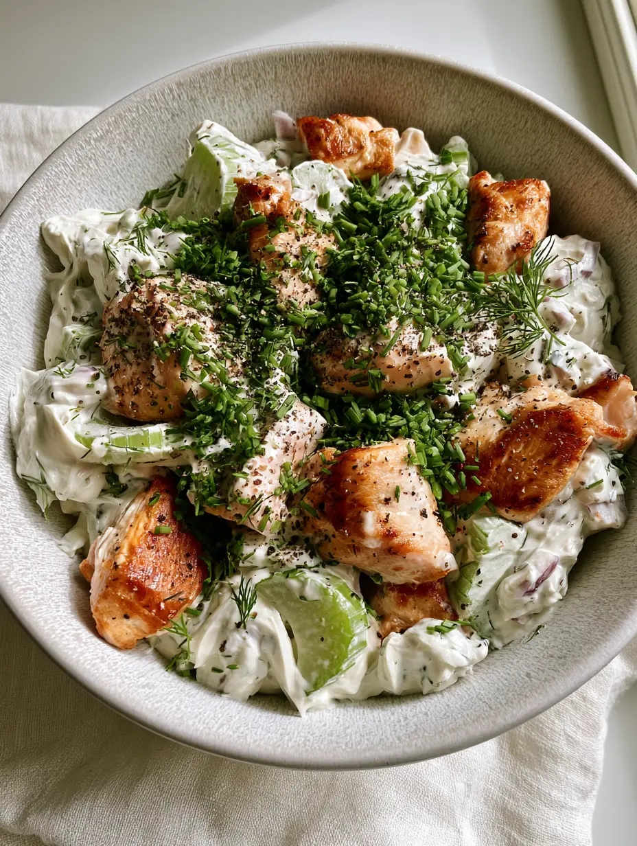 High Protein Chicken Salad with Whipped Cottage Cheese Dressing 3 Overhead shot of high protein chicken salad with seared golden chicken and whipped cottage cheese dressing. (high protein chicken salad)