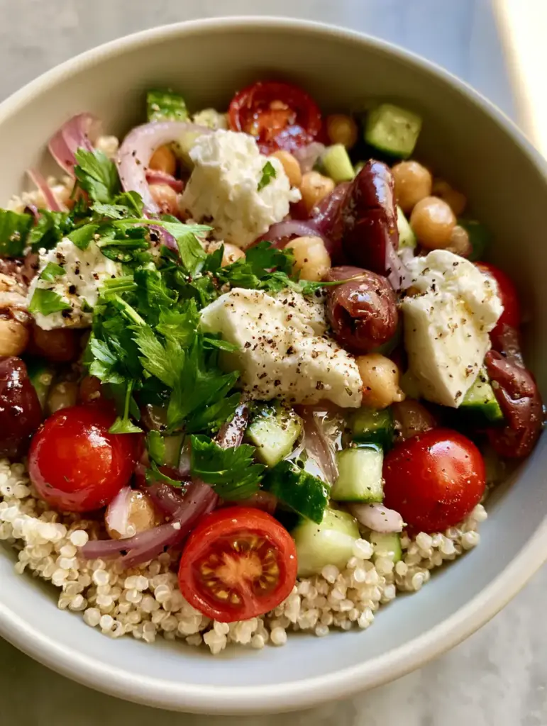 A top-down professional shot of Greek Quinoa Salad in a matte white bowl on a stone surface with soft natural lighting.