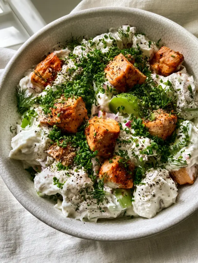 High Protein Chicken Salad with Whipped Cottage Cheese Dressing 1 Close up of succulent seared chicken chunks and bright green celery in a high protein chicken salad.