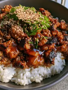 A hyper-realistic handheld photo of a Honey Garlic Pork Rice Bowl showing the glossy translucent amber sauce and fluffy jasmine rice.