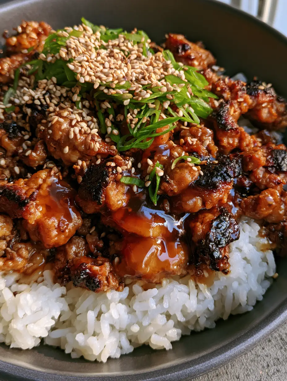 A hyper-realistic handheld photo of a Honey Garlic Pork Rice Bowl showing the glossy translucent amber sauce and fluffy jasmine rice.