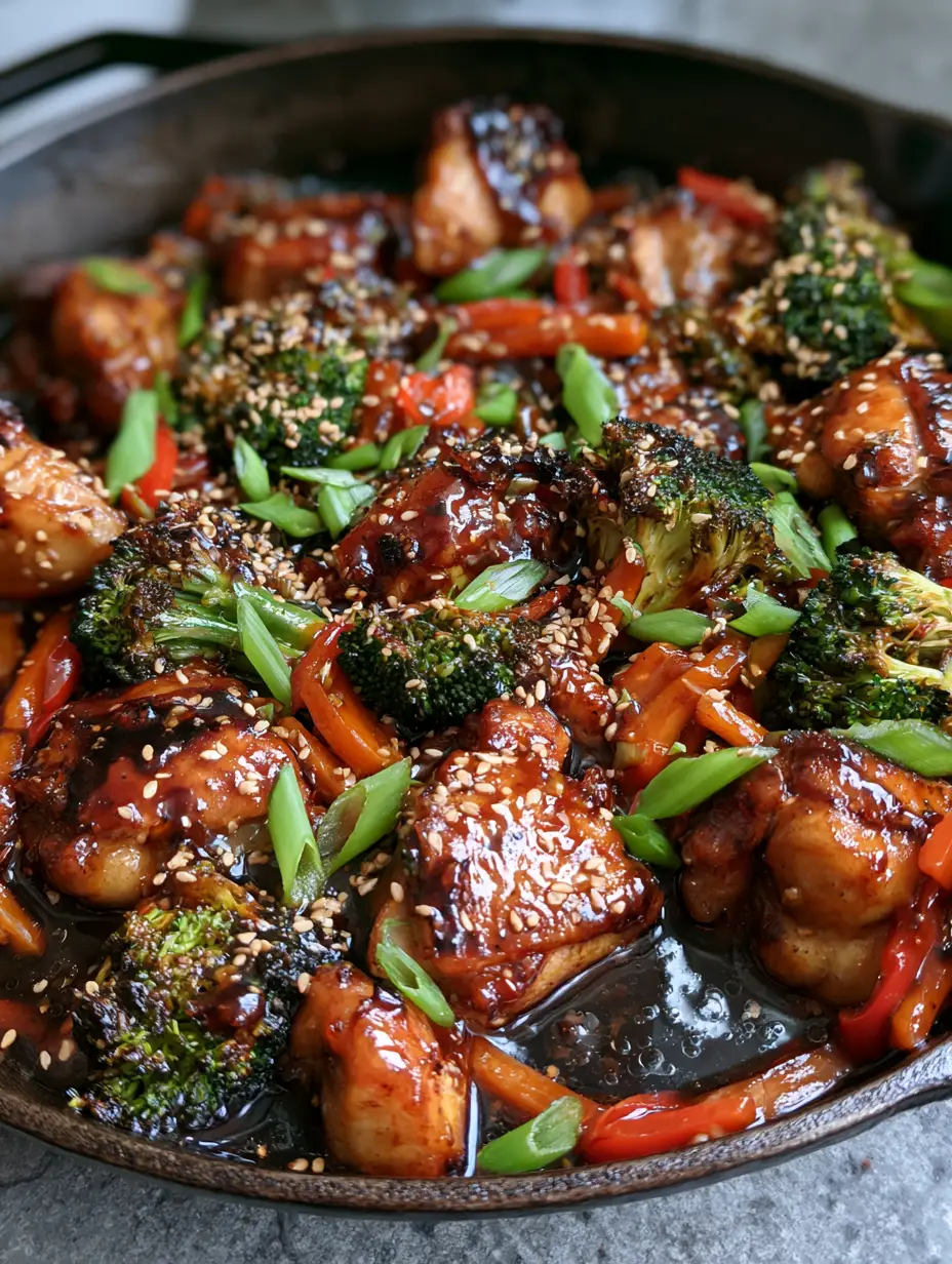 Chicken Stir Fry Recipe with Crispy Thighs and Glossy Mahogany Glaze 3 Smartphone photo at a 45-degree angle showing bubbling mahogany sauce on seared chicken in a black skillet. (chicken stir fry recipe)
