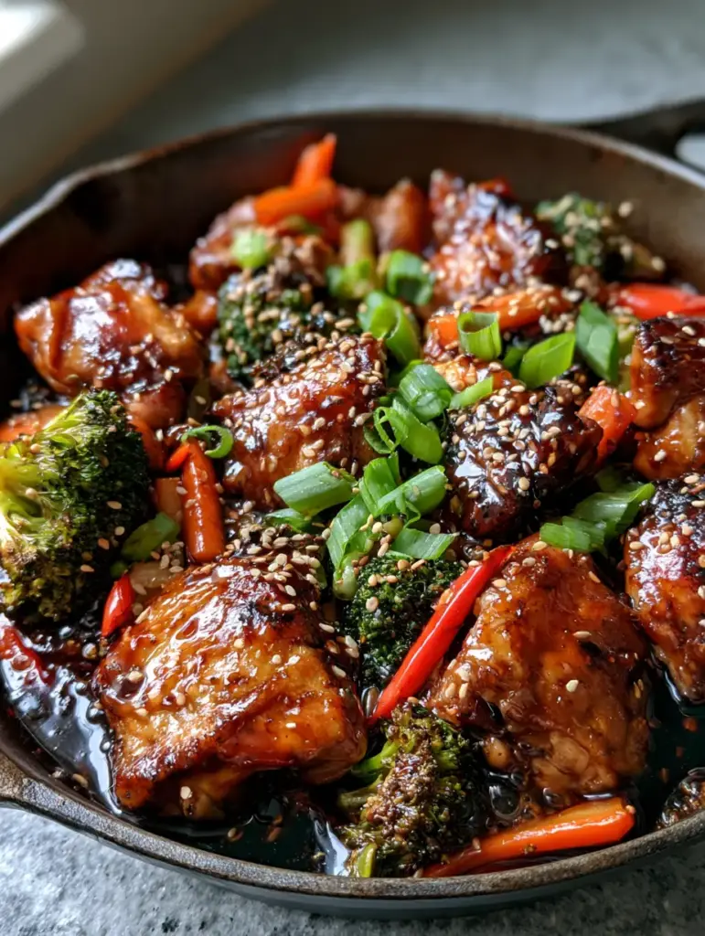 Chicken Stir Fry Recipe with Crispy Thighs and Glossy Mahogany Glaze 1 Handheld shot of a finished chicken stir fry recipe with vibrant red peppers and green onions in a cast iron pan.