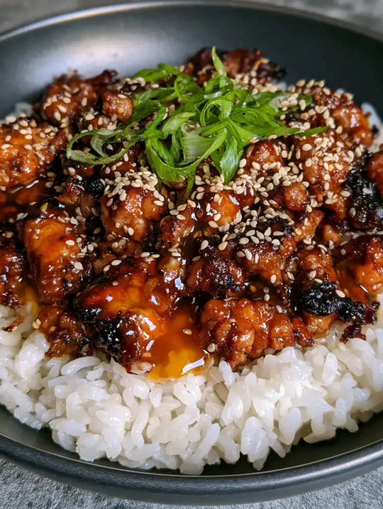 A top-down view of the Honey Garlic Pork Rice Bowl garnished with sesame seeds and vibrant green scallions in a matte charcoal bowl.