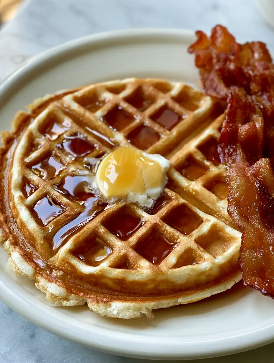 Waffle House Waffles: The Ultimate Copycat Recipe for Thin, Crispy Malted Waffles 4 A thin malted waffle on a vintage plate featuring delicate lattice texture and extra-crispy wavy bacon on the side. (Waffle House waffles)