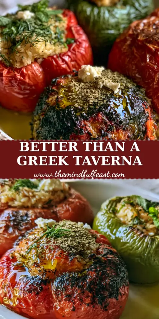 Gemista: The Ultimate Guide to Authentic Greek Stuffed Vegetables 4 A close-up of authentic Greek Gemista featuring blistered red and green peppers and a roasted tomato in a ceramic dish with feta crumbles and potato wedges.